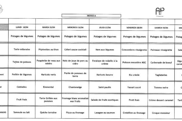 MENU A - 14 au 20 avril 2025 MENU A - 14 au 20 avril 2025