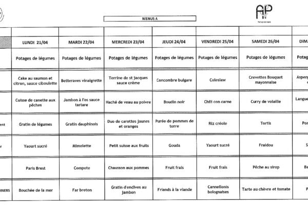 MENU A - 21 au 27 avril 2025 MENU A - 21 au 27 avril 2025