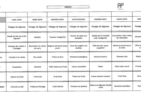 MENU A - 28 avril au 04 mai 2025 MENU A - 28 avril au 04 mai 2025