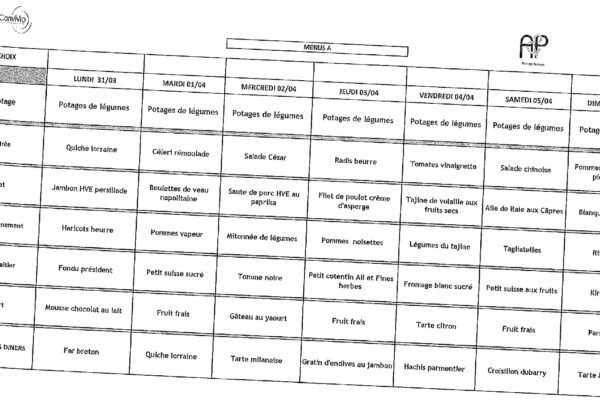 MENU A - 31 mars au 06 avril 2025 MENU A - 31 mars au 06 avril 2025