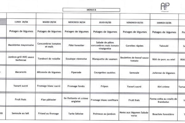 MENU B - 28 avril au 04 mai 2025 MENU B - 28 avril au 04 mai 2025