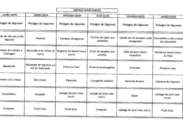 MENU DIABETIQUE - 28 avril au 04 mai 2025 MENU DIABETIQUE - 28 avril au 04 mai 2025
