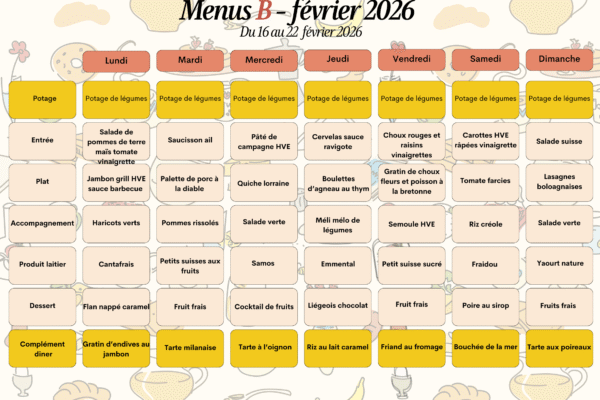16 au 22 février 2026 - menu B 16 au 22 février 2026 - menu B