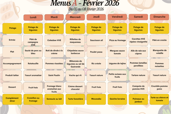 2 au 8 février 2026 - menu A 2 au 8 février 2026 - menu A