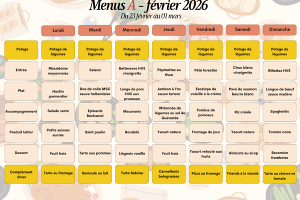 23 février au 1er mars 2026 - menu A 23 février au 1er mars 2026 - menu A