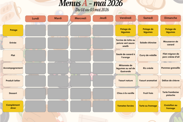 Menus A du 1er au 3 mai Menus A du 1er au 3 mai