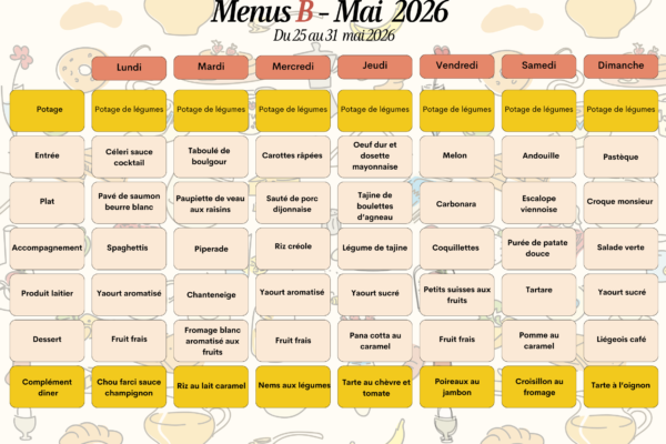 Menus B du 25 au 31 mai Menus B du 25 au 31 mai