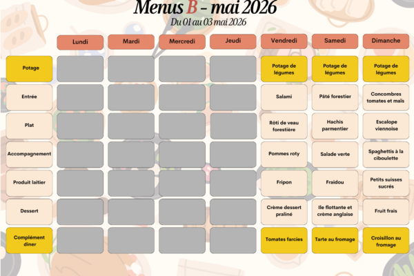 Menus B du 1er au 3 mai Menus B du 1er au 3 mai