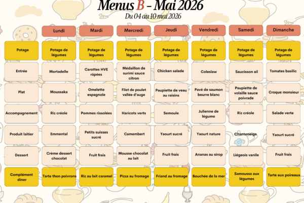 Menus B du 4 au 10 mai Menus B du 4 au 10 mai