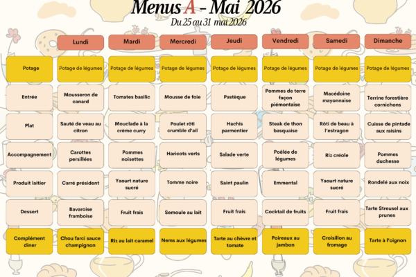 Menus A du 25 au 31 mai Menus A du 25 au 31 mai
