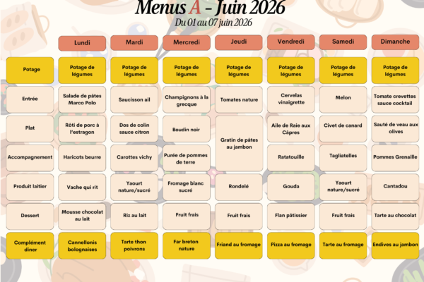 Menus A du 1er au 7 juin 2026 Menus A du 1er au 7 juin 2026