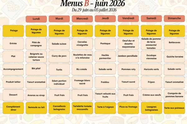 Menus A du 29 juin au 05 juillet 2026 Menus A du 29 juin au 05 juillet 2026