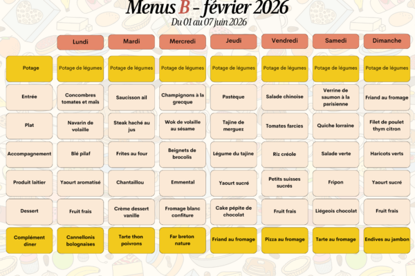 Menus B du 1er au 7 juin 2026 Menus B du 1er au 7 juin 2026