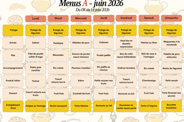 Menus A du 8 au 14 juin 2026 Menus A du 8 au 14 juin 2026