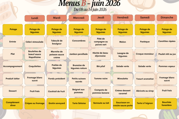 Menus B du 8 au 14 juin 2026 Menus B du 8 au 14 juin 2026