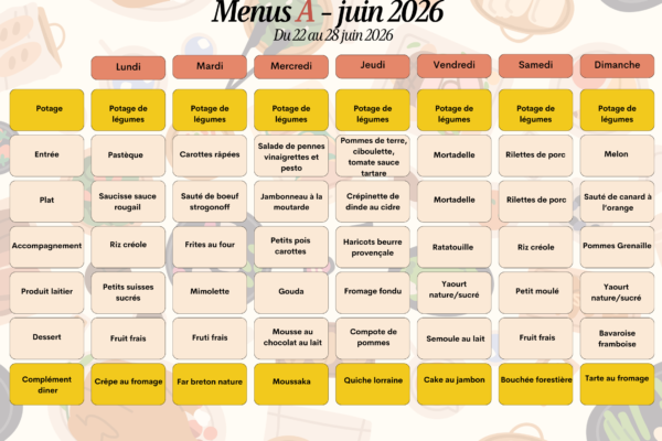 Menus A du 22 au 28 juin 2026 Menus A du 22 au 28 juin 2026