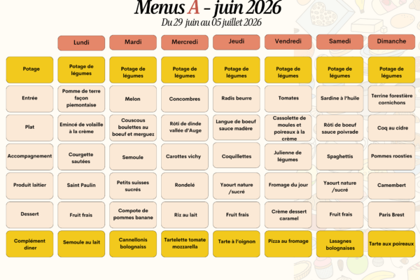 Menus A du 29 juin au 05 juillet 2026 Menus A du 29 juin au 05 juillet 2026