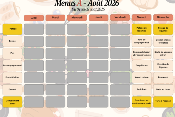 Menus A - 1er au 2 août 2026 Menus A - 1er au 2 août 2026