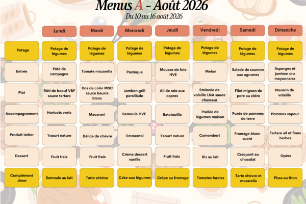 Menus A du 10 au 16 août 2026 Menus A du 10 au 16 août 2026
