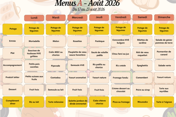 Menus A du 17 au 23 août 2026 Menus A du 17 au 23 août 2026