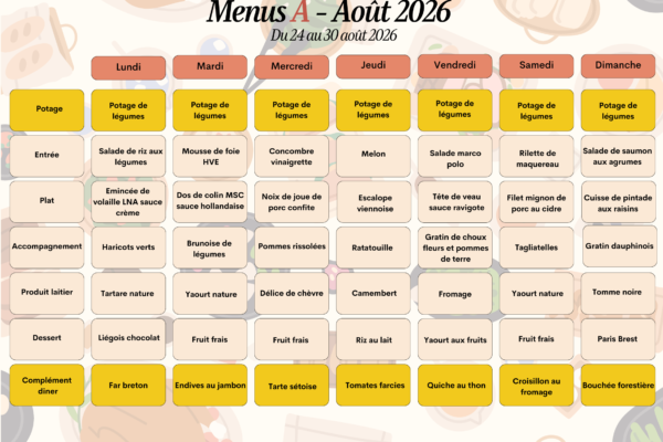 Menus A du 24 au 30 août 2026 Menus A du 24 au 30 août 2026