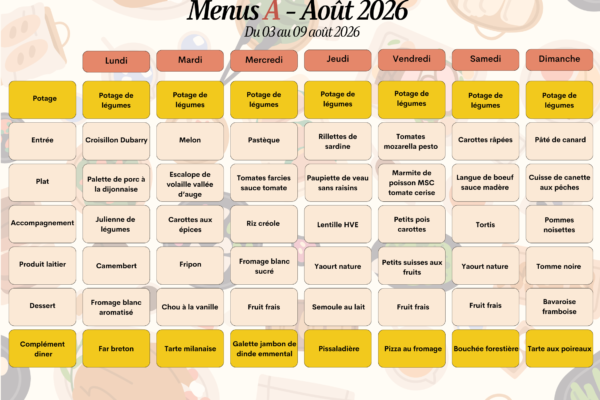 Menus A du 3 au 9 août 2026 Menus A du 3 au 9 août 2026