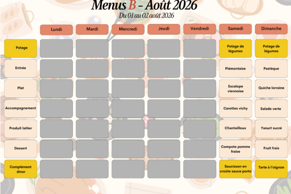 Menus B - 1er au 2 août 2026 Menus B - 1er au 2 août 2026