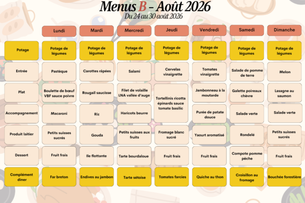 Menus B du 24 au 30 août 2026 Menus B du 24 au 30 août 2026