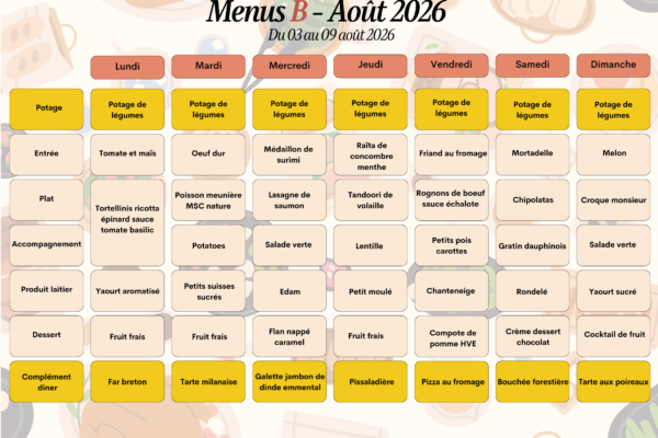 Menus B du 3 au 9 août 2026 Menus B du 3 au 9 août 2026