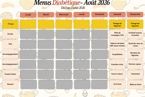 Menus diabétique du 1 au 2 août 2026 Menus diabétique du 1 au 2 août 2026