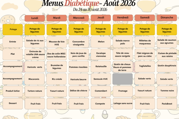 Menus diabétique du 24 au 30 août 2026 Menus diabétique du 24 au 30 août 2026
